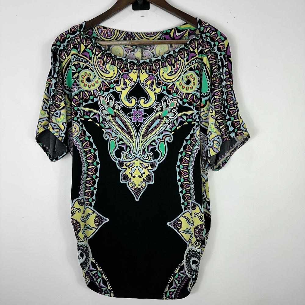 Roz & Ali Tunic Top Womens L Psychedelic Y2K Glam Pop Festival Indie Boho Arsty